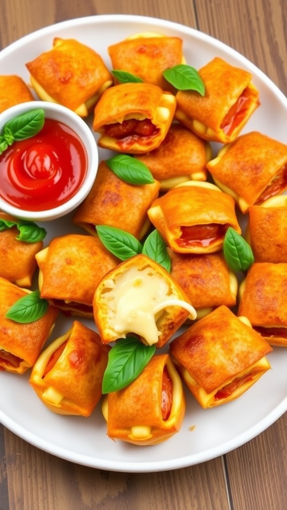 Mini lasagna bites on a platter with marinara sauce and fresh basil, served on a rustic table.